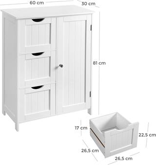 Produktbillede med mål af Vasagle badeværelsesskab i hvid