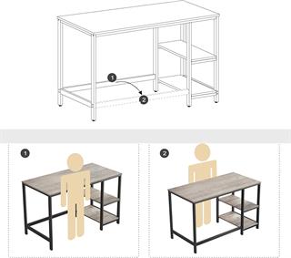 Guidetegning af Vasagle skrivebord med hylder i  gråbrun med sort stel.