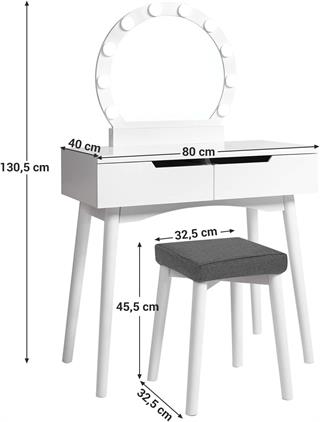 Produktbillede med mål af Vasagle sminkebord med skammel i hvid.