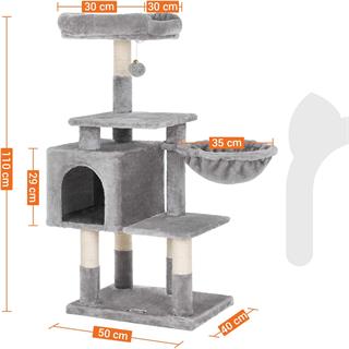 Produktbillede med mål af Vasagle kattetræ i grå og hvid.