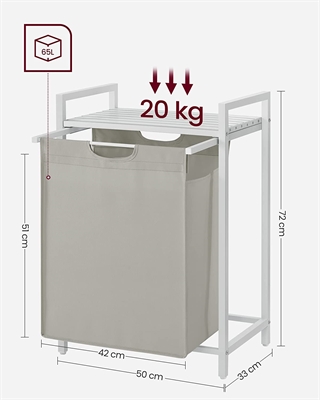 Produktbille med vasketøjskurvens mål og belastningsevne.