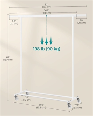 Illustration af tøjstativets mål og belastningsevne.