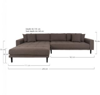 Lounge Sofa,  venstrevendt i brun med fire puder og sorte træben, HN1055 fra House Nordic